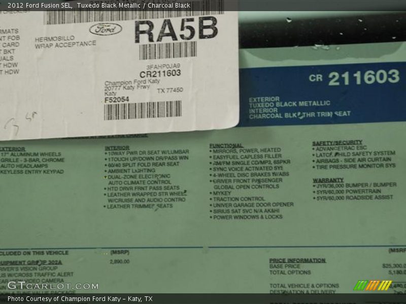 Tuxedo Black Metallic / Charcoal Black 2012 Ford Fusion SEL