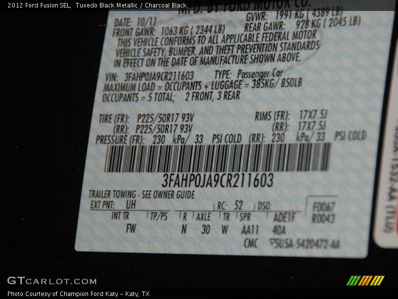 Tuxedo Black Metallic / Charcoal Black 2012 Ford Fusion SEL