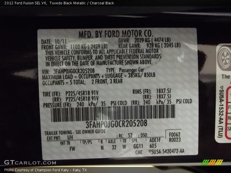 Tuxedo Black Metallic / Charcoal Black 2012 Ford Fusion SEL V6