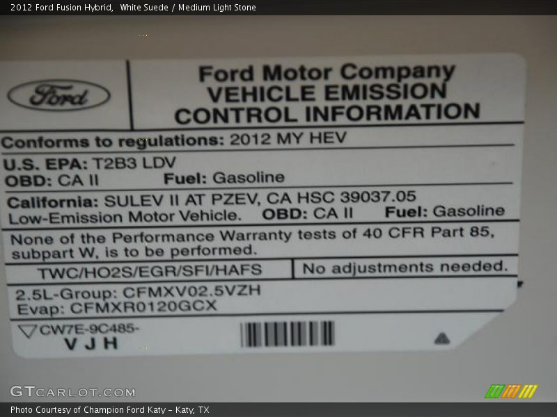 Emission Control Information - 2012 Ford Fusion Hybrid