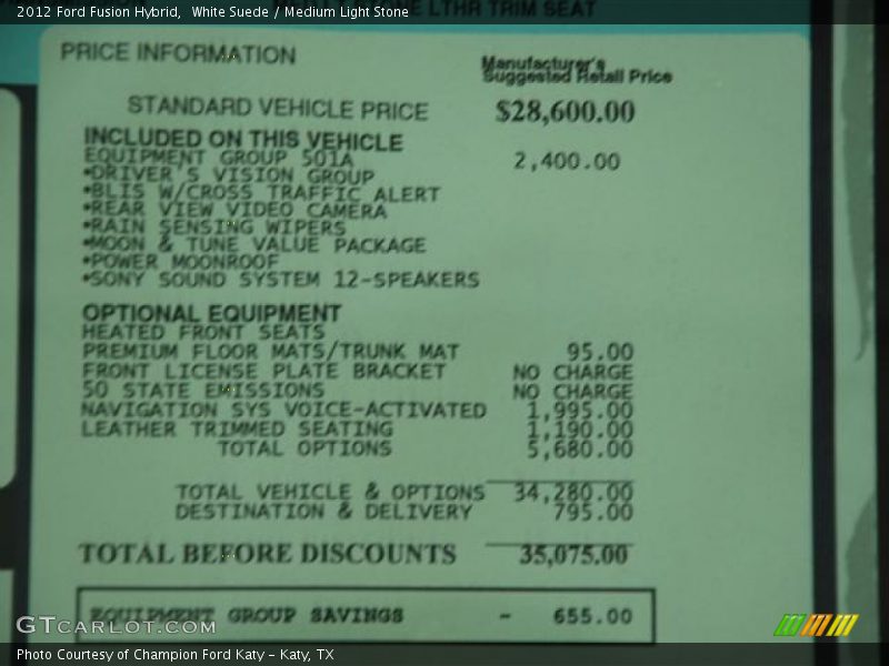  2012 Fusion Hybrid Window Sticker