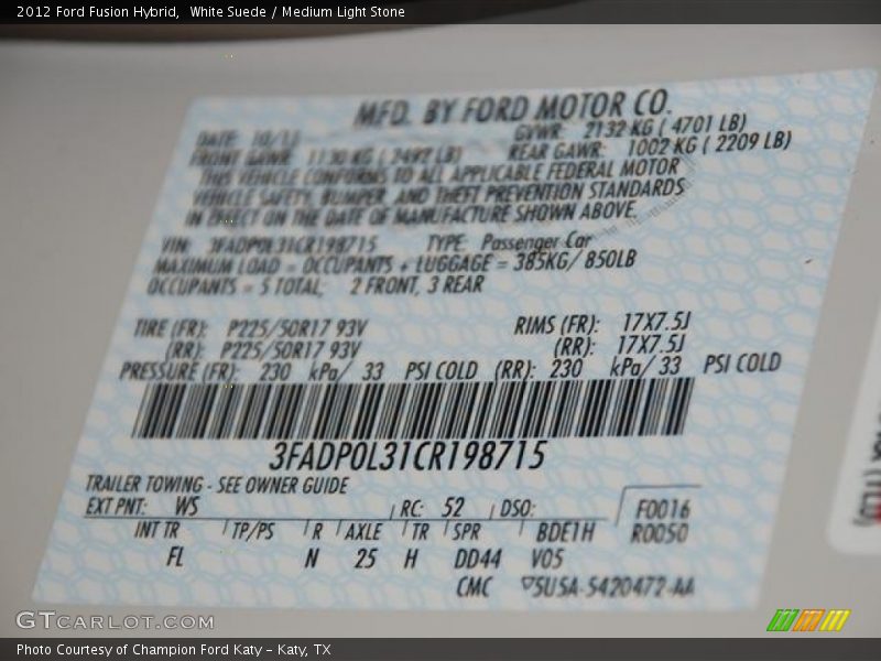 2012 Fusion Hybrid White Suede Color Code WS