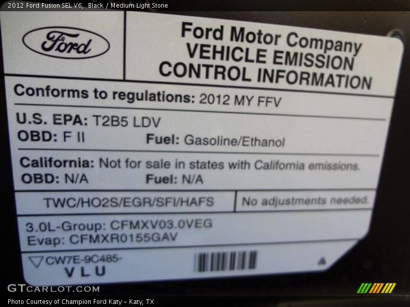 Black / Medium Light Stone 2012 Ford Fusion SEL V6