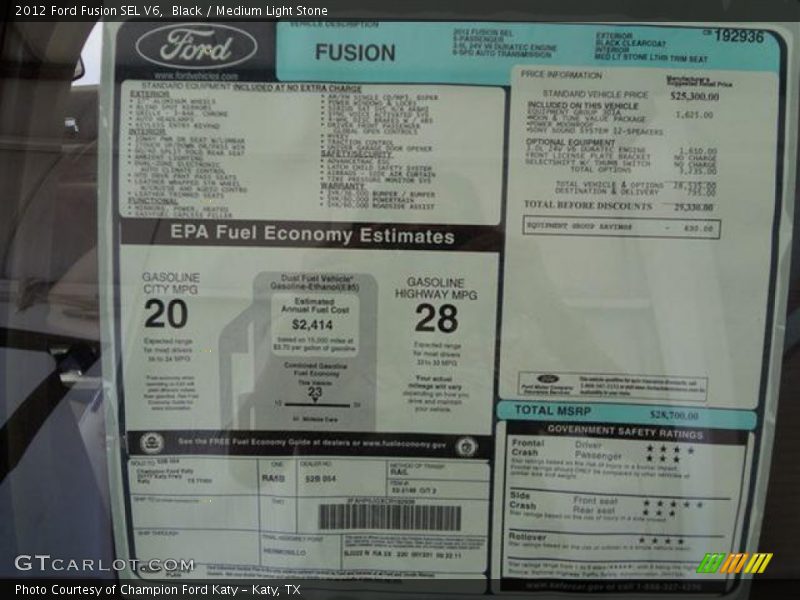 Black / Medium Light Stone 2012 Ford Fusion SEL V6