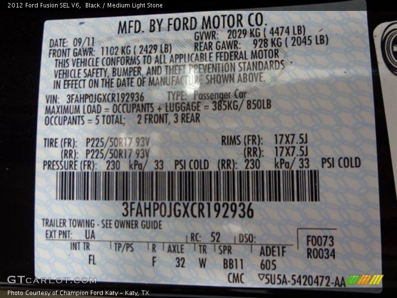 Black / Medium Light Stone 2012 Ford Fusion SEL V6