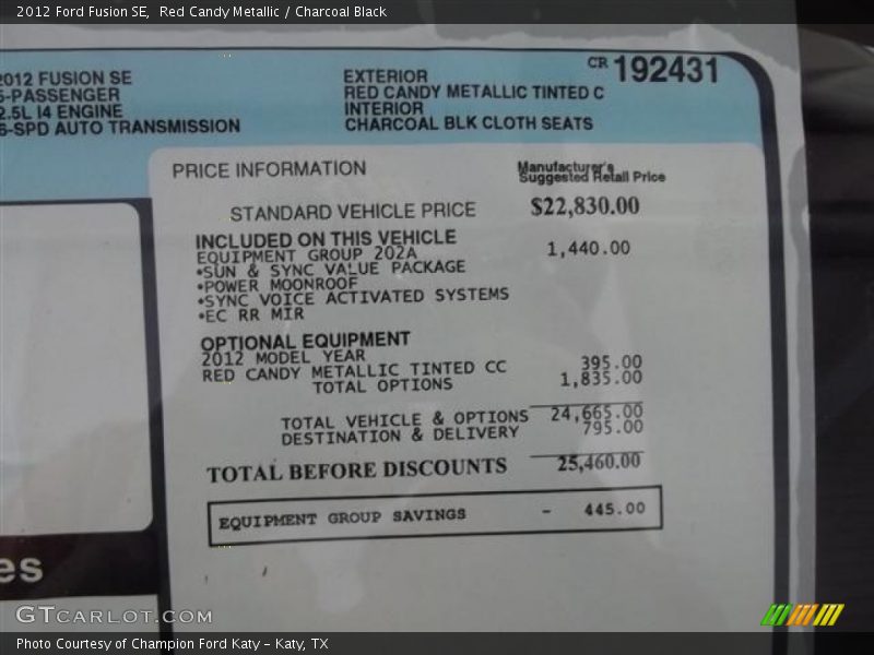 Red Candy Metallic / Charcoal Black 2012 Ford Fusion SE