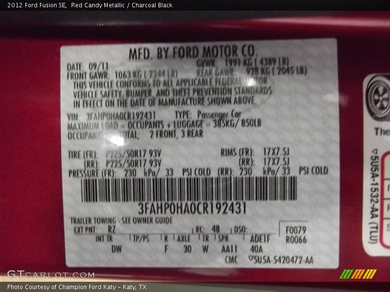 Red Candy Metallic / Charcoal Black 2012 Ford Fusion SE