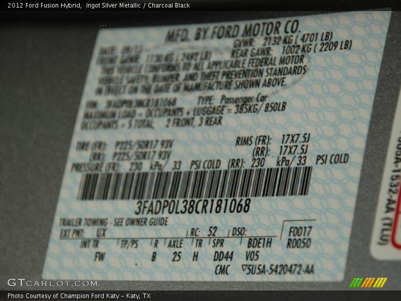 Ingot Silver Metallic / Charcoal Black 2012 Ford Fusion Hybrid