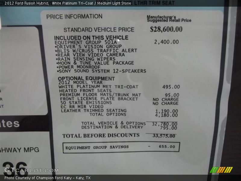  2012 Fusion Hybrid Window Sticker