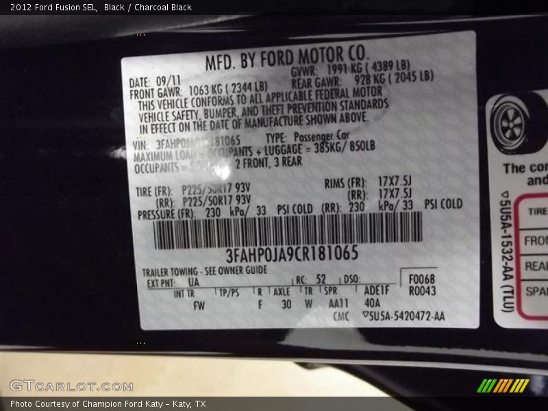 Black / Charcoal Black 2012 Ford Fusion SEL