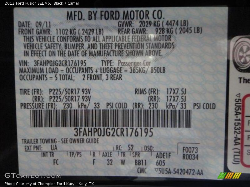 Black / Camel 2012 Ford Fusion SEL V6