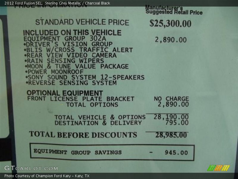 Sterling Grey Metallic / Charcoal Black 2012 Ford Fusion SEL