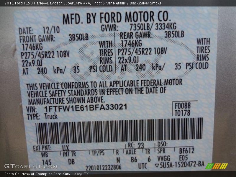 2011 F150 Harley-Davidson SuperCrew 4x4 Ingot Silver Metallic Color Code UX
