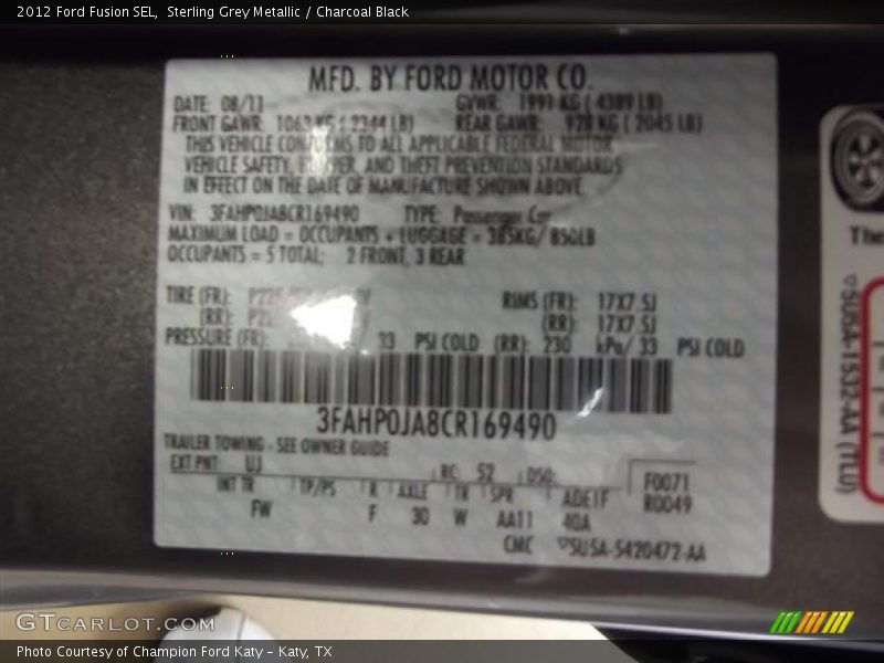 Sterling Grey Metallic / Charcoal Black 2012 Ford Fusion SEL