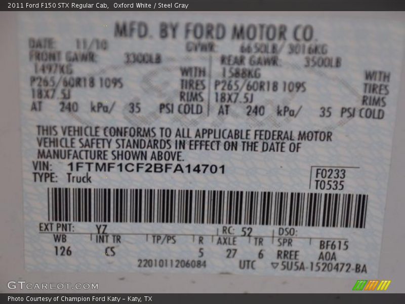 2011 F150 STX Regular Cab Oxford White Color Code YZ