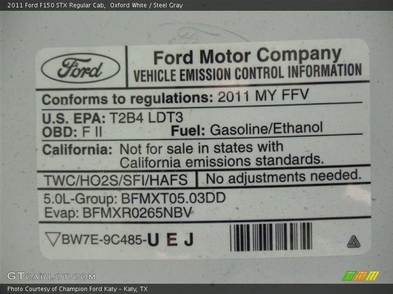 Emission Control Information - 2011 Ford F150 STX Regular Cab