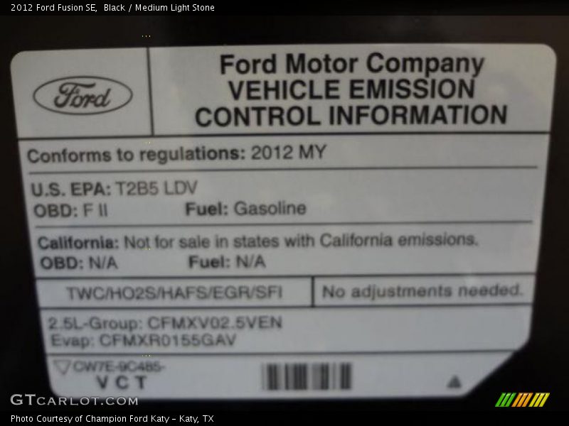 Black / Medium Light Stone 2012 Ford Fusion SE