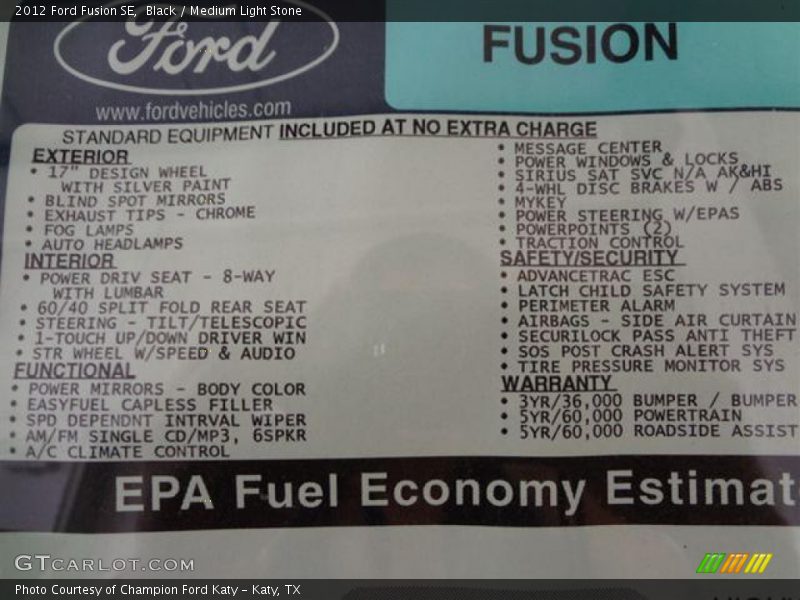 Black / Medium Light Stone 2012 Ford Fusion SE