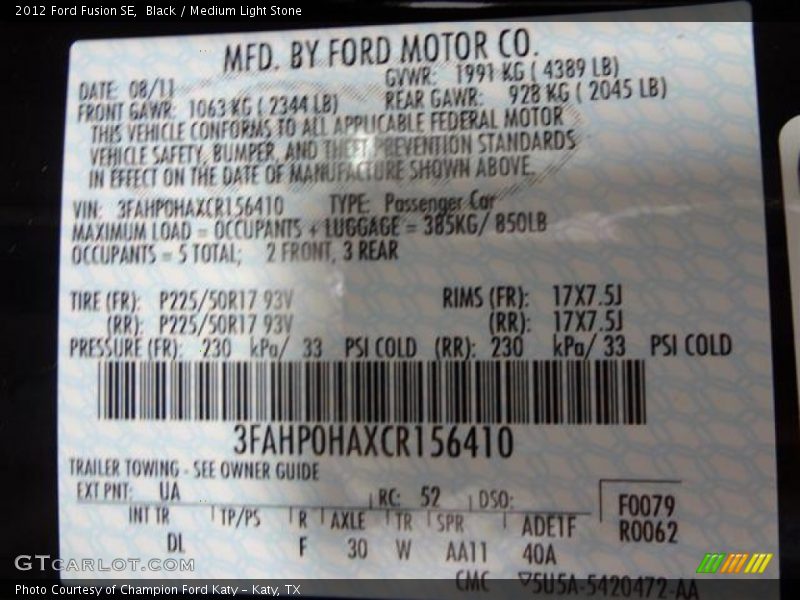 Black / Medium Light Stone 2012 Ford Fusion SE