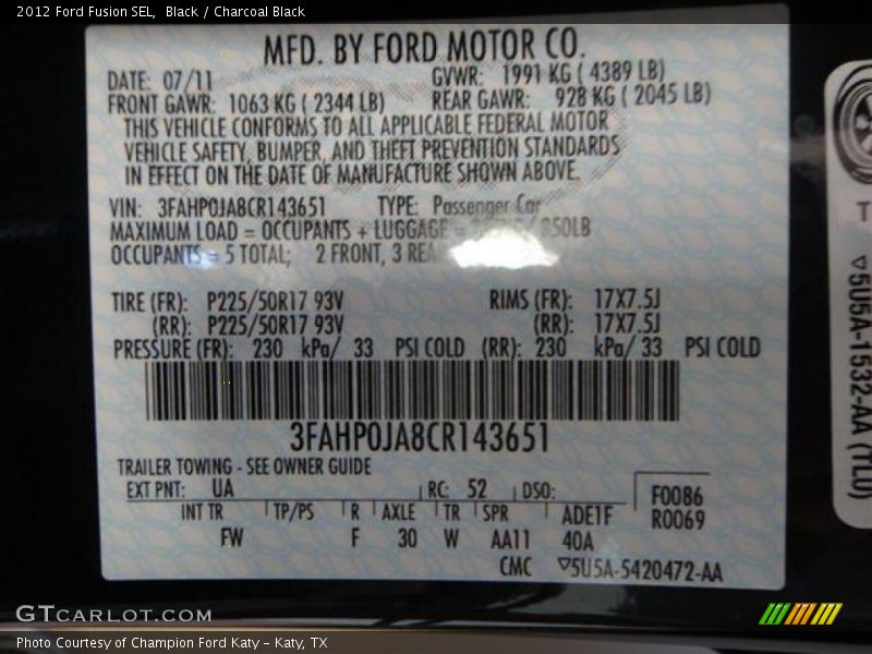 Black / Charcoal Black 2012 Ford Fusion SEL