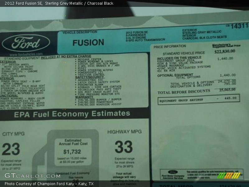 Sterling Grey Metallic / Charcoal Black 2012 Ford Fusion SE