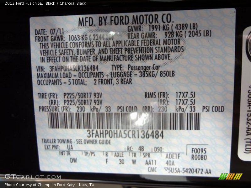 Black / Charcoal Black 2012 Ford Fusion SE