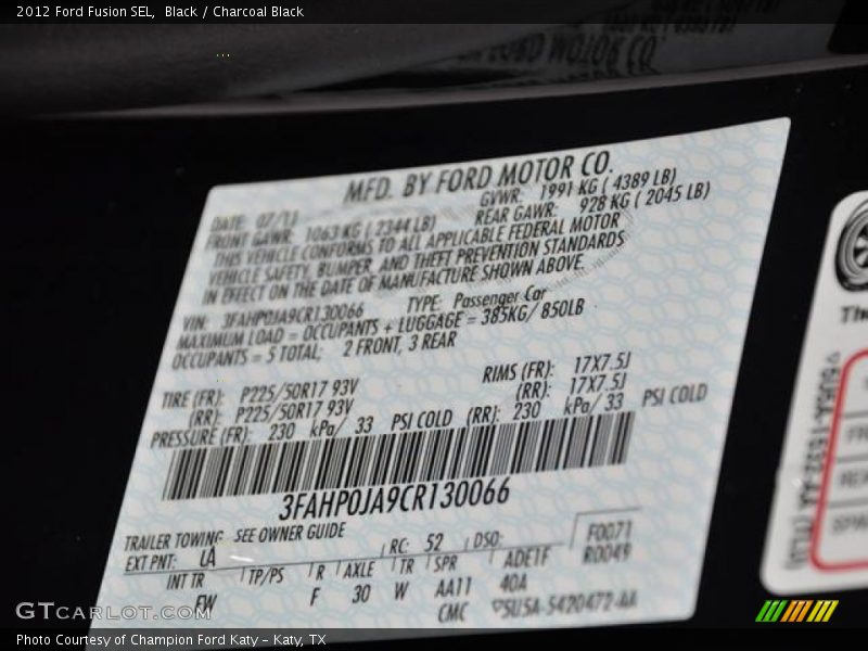 Black / Charcoal Black 2012 Ford Fusion SEL