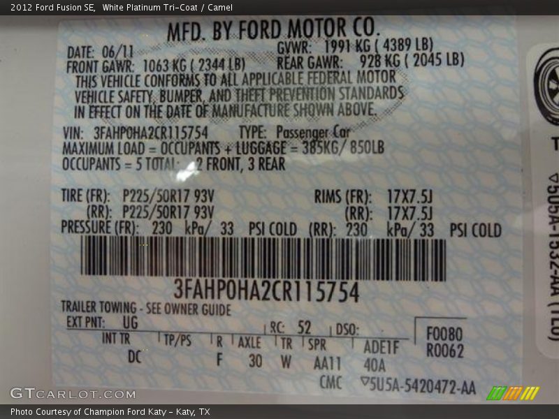 White Platinum Tri-Coat / Camel 2012 Ford Fusion SE