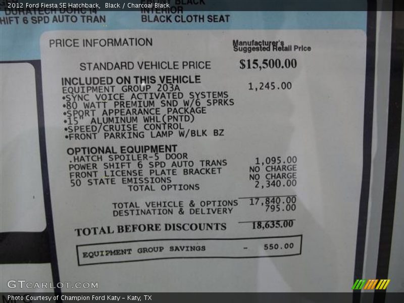  2012 Fiesta SE Hatchback Window Sticker