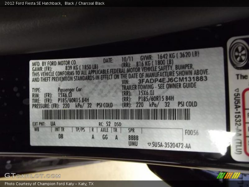 2012 Fiesta SE Hatchback Black Color Code UA