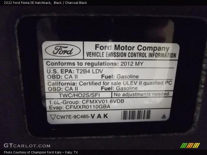 Black / Charcoal Black 2012 Ford Fiesta SE Hatchback