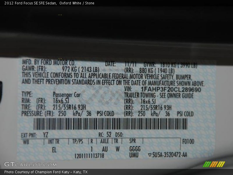 Oxford White / Stone 2012 Ford Focus SE SFE Sedan