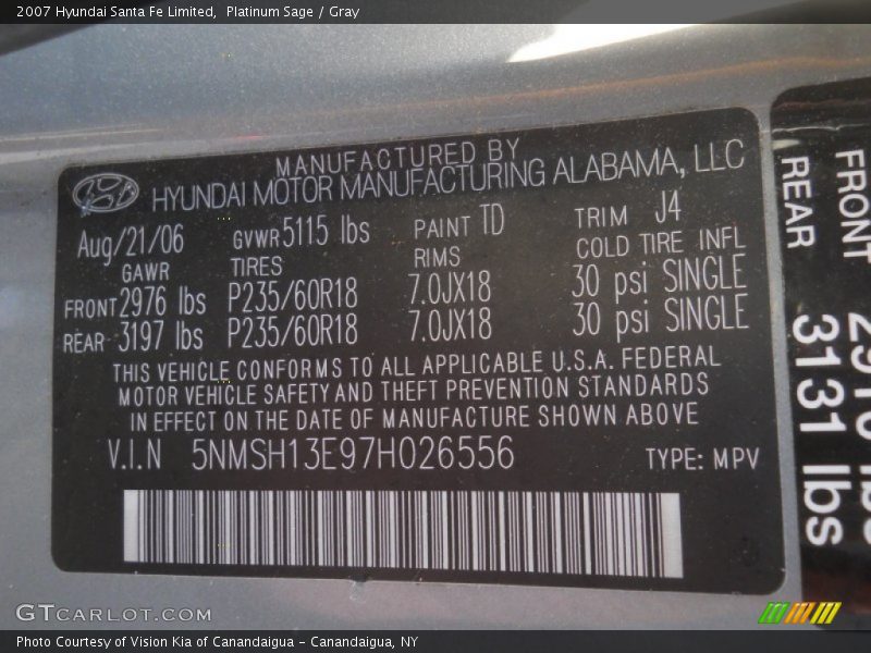 Platinum Sage / Gray 2007 Hyundai Santa Fe Limited