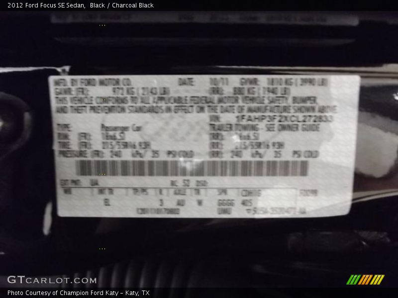 Black / Charcoal Black 2012 Ford Focus SE Sedan