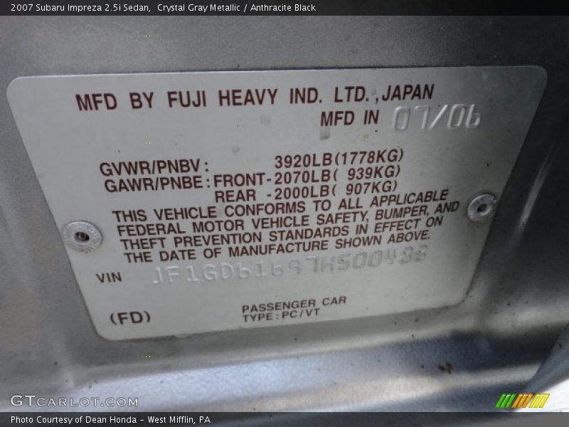 Crystal Gray Metallic / Anthracite Black 2007 Subaru Impreza 2.5i Sedan