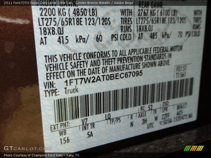 2011 F250 Super Duty Lariat Crew Cab Golden Bronze Metallic Color Code V7