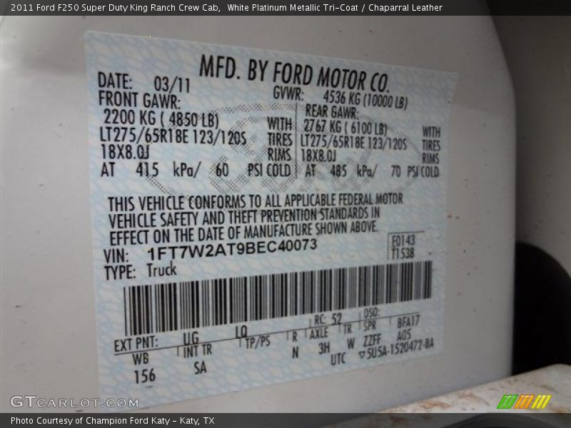 2011 F250 Super Duty King Ranch Crew Cab White Platinum Metallic Tri-Coat Color Code UG