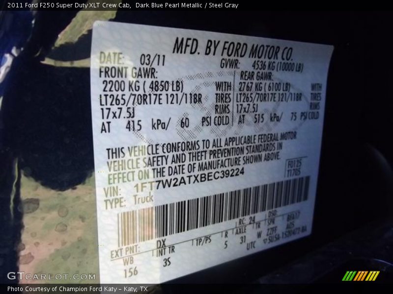 2011 F250 Super Duty XLT Crew Cab Dark Blue Pearl Metallic Color Code DX