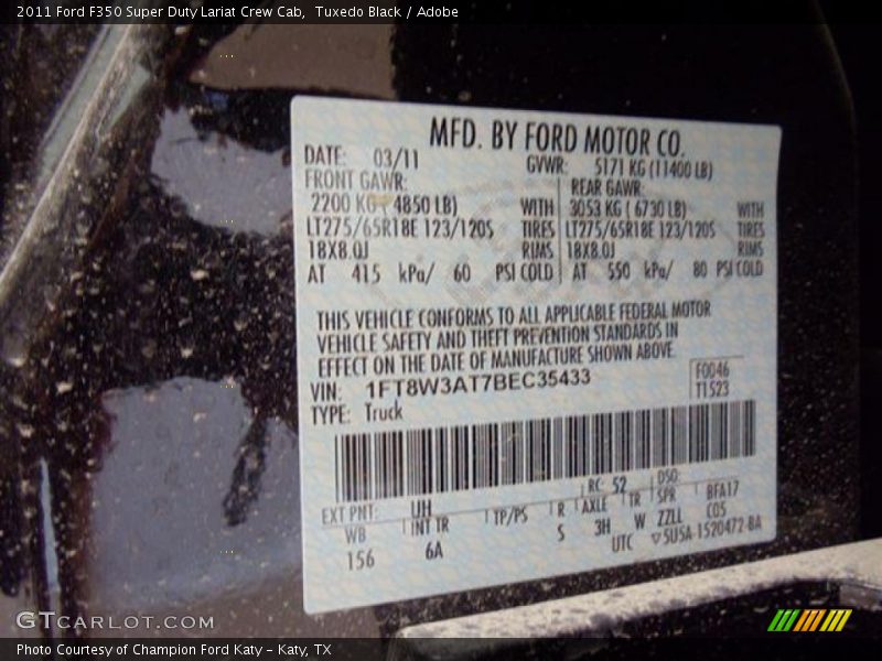 2011 F350 Super Duty Lariat Crew Cab Tuxedo Black Color Code UH