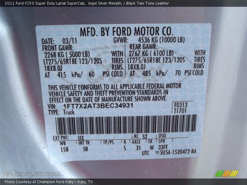 2011 F250 Super Duty Lariat SuperCab Ingot Silver Metallic Color Code UX