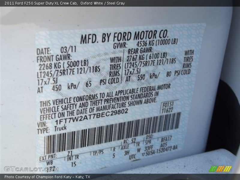 2011 F250 Super Duty XL Crew Cab Oxford White Color Code Z1