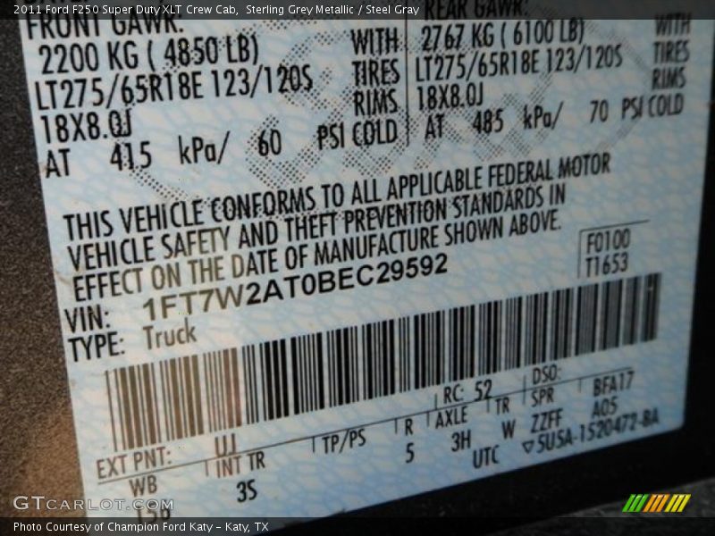 2011 F250 Super Duty XLT Crew Cab Sterling Grey Metallic Color Code UJ