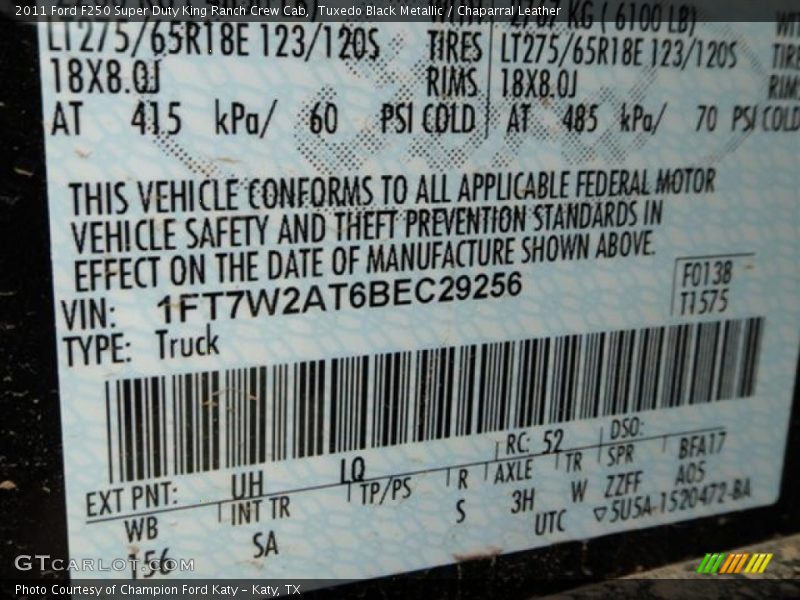 2011 F250 Super Duty King Ranch Crew Cab Tuxedo Black Metallic Color Code UH