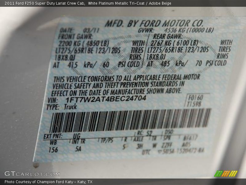 2011 F250 Super Duty Lariat Crew Cab White Platinum Metallic Tri-Coat Color Code UG