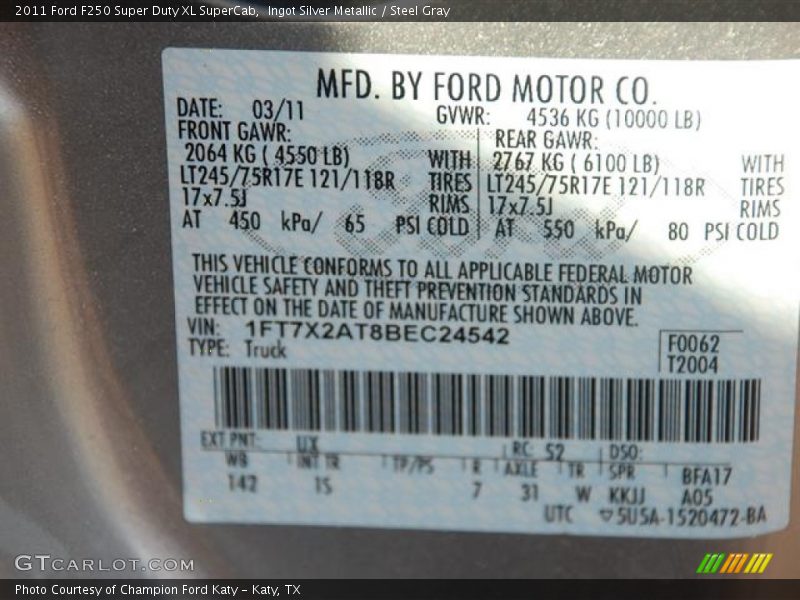 2011 F250 Super Duty XL SuperCab Ingot Silver Metallic Color Code UX