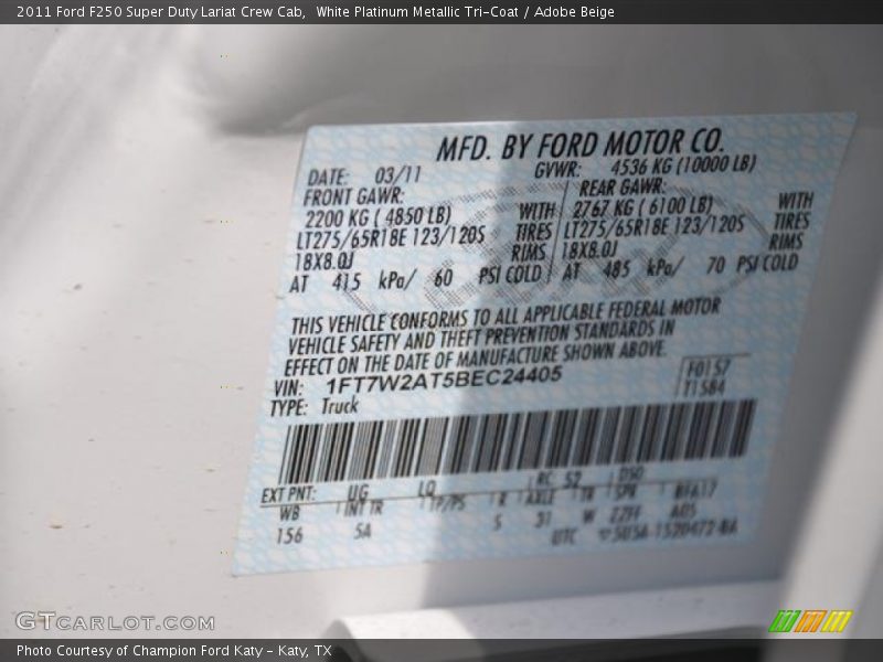 2011 F250 Super Duty Lariat Crew Cab White Platinum Metallic Tri-Coat Color Code UG