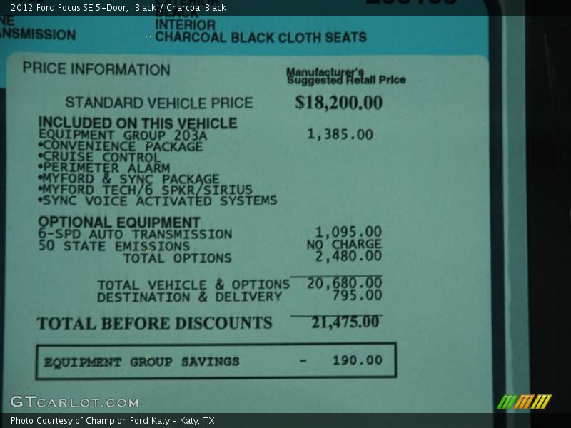 Black / Charcoal Black 2012 Ford Focus SE 5-Door
