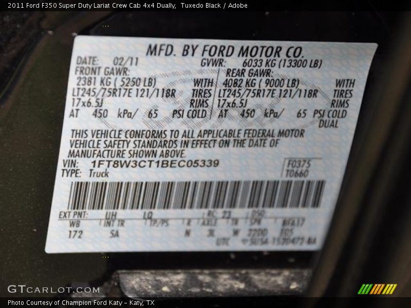 2011 F350 Super Duty Lariat Crew Cab 4x4 Dually Tuxedo Black Color Code UH