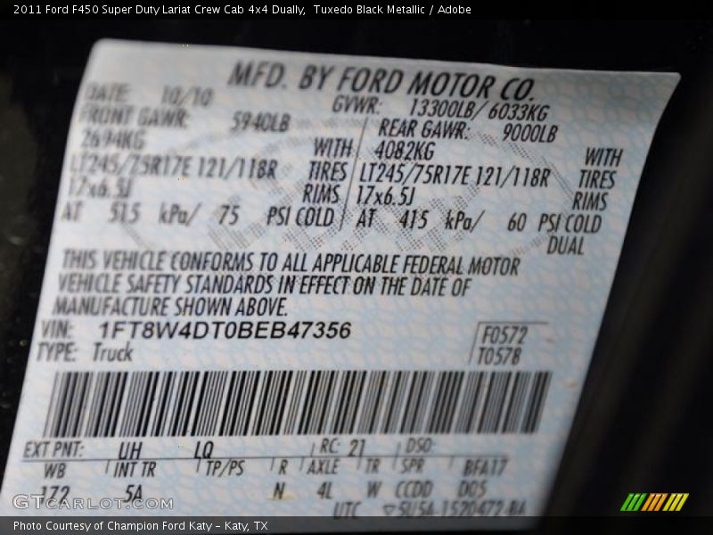 2011 F450 Super Duty Lariat Crew Cab 4x4 Dually Tuxedo Black Metallic Color Code UH