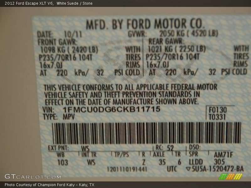 White Suede / Stone 2012 Ford Escape XLT V6